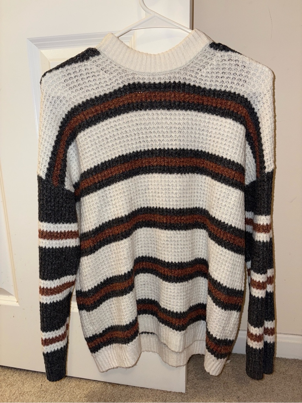 Cream Stripe Knit Sweater with Black and Brown Accents